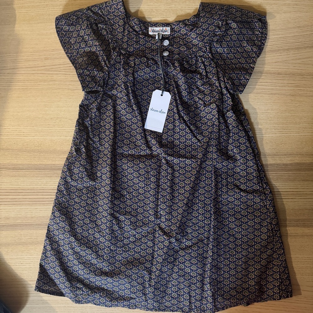 Steven Alan Navy Dress with Gold Motif Flutter Sleeves